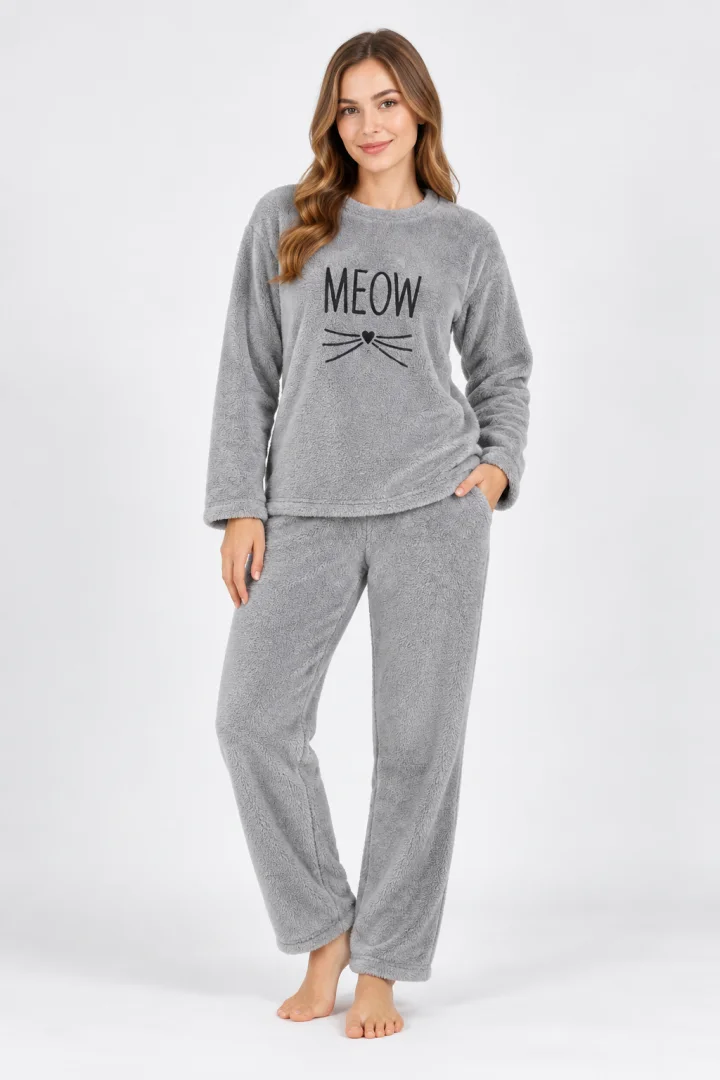 Pijamale damă cocolino gri deschis cu imprimeu „Meow”