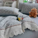 Lenjerie de Pat din 100% Bumbac cu Dantelă, 4 Piese, Cearșaf cu Elastic 180x200 cm