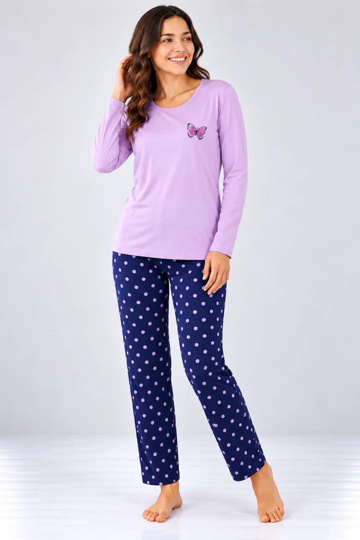 Pijama de dama lila cu maneca lunga si pantaloni lungi blumarin cu buline