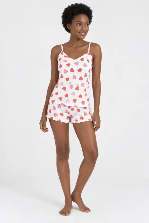 Pijama damă, maiou și short, imprimeu inimi
