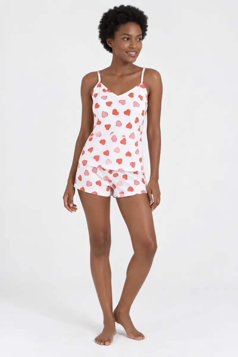 Pijama damă, maiou și short, imprimeu inimi