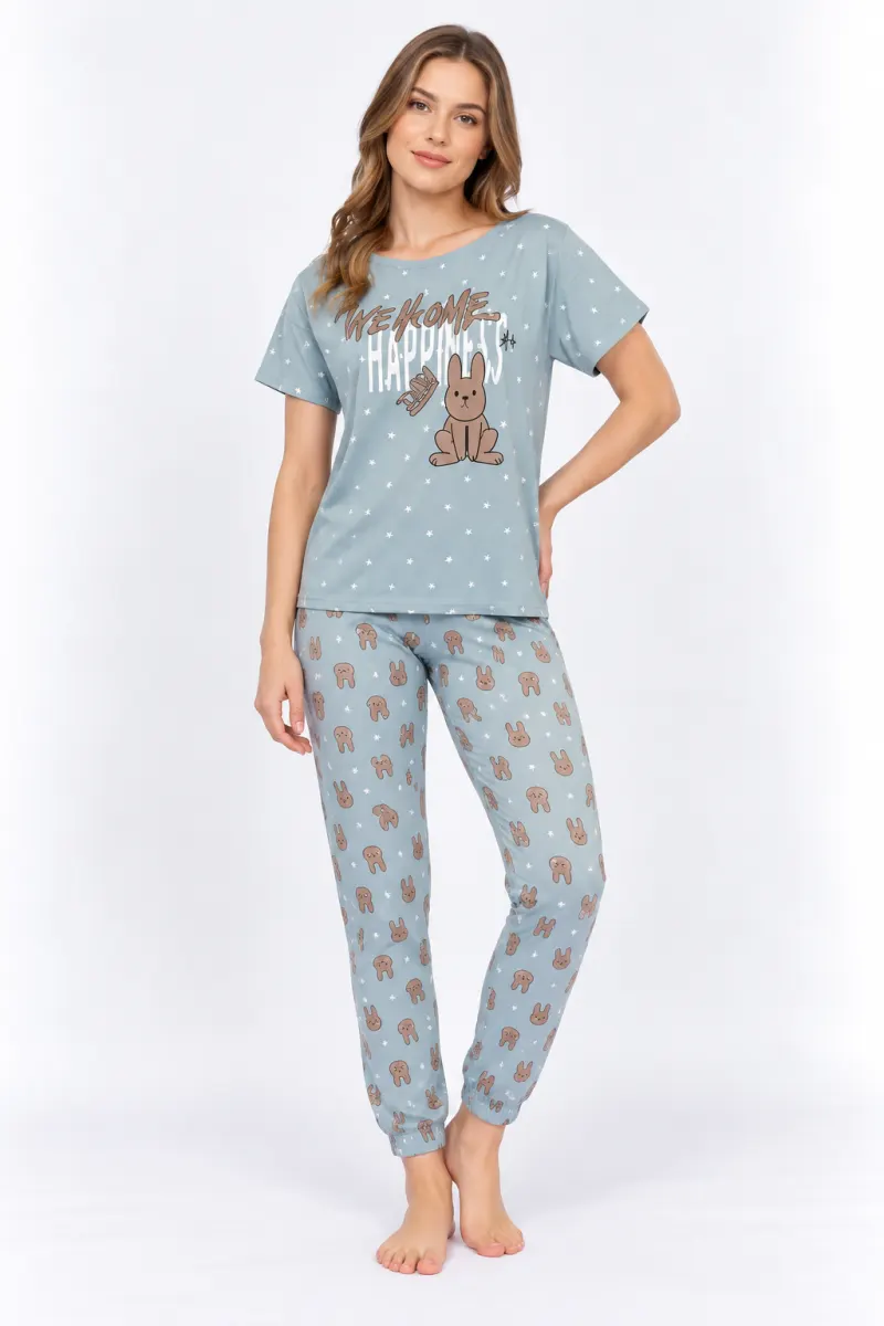 Pijama damă din bumbac „Happiness” cu mânec