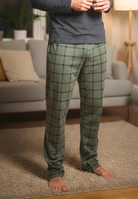Pantaloni pijama bărbați verde închis cu pătrățele negre