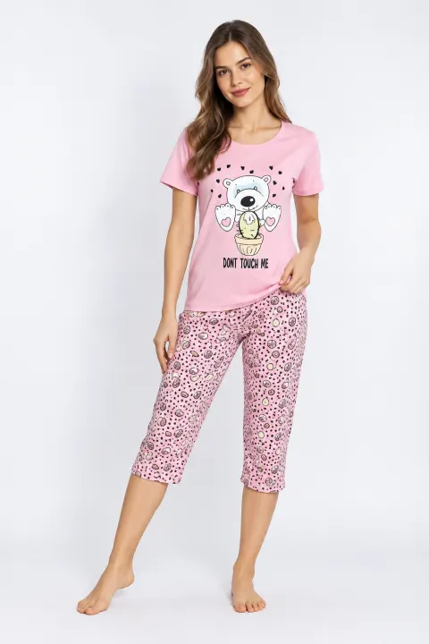 Pijama   Dama cu Masca de Dormit Asortată, , imprimeu ,,Don't Touch Me'', roz