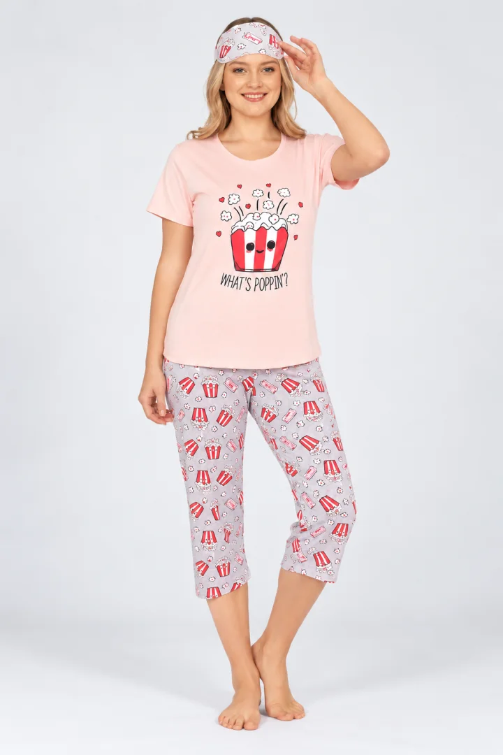 Pijama damă cu tricou, pantaloni trei sferturi și mască de dormit, what's poppin?, galben