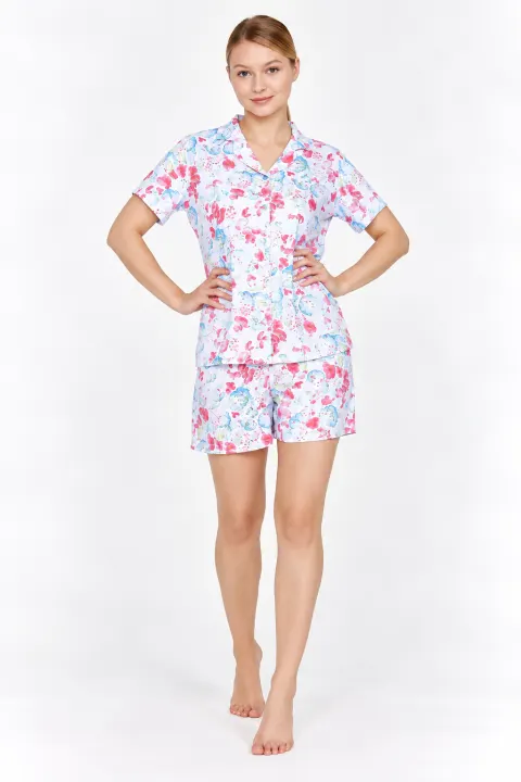 Pijama damă cu bluză cu mânecă scurtă și pantaloni scurți, imprimeu colorat cu petale