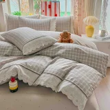 Lenjerie de Pat din 100% Bumbac cu Dantelă, 4 Piese, Cearșaf cu Elastic 180x200 cm