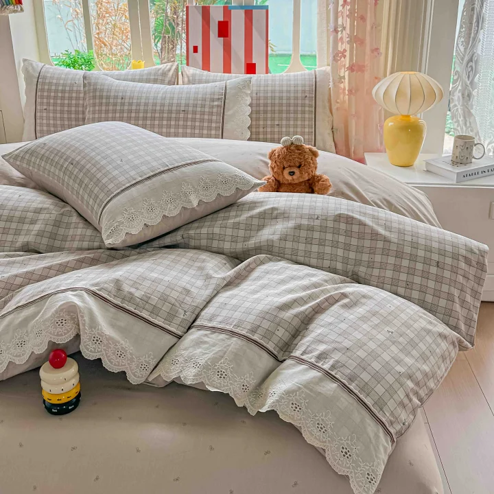 Lenjerie de Pat din 100% Bumbac cu Dantelă, 4 Piese, Cearșaf cu Elastic 180x200 cm