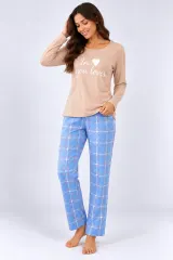 Pijama de dama cu bluza bej cu maneca lunga si pantaloni lungi blue cu carouri