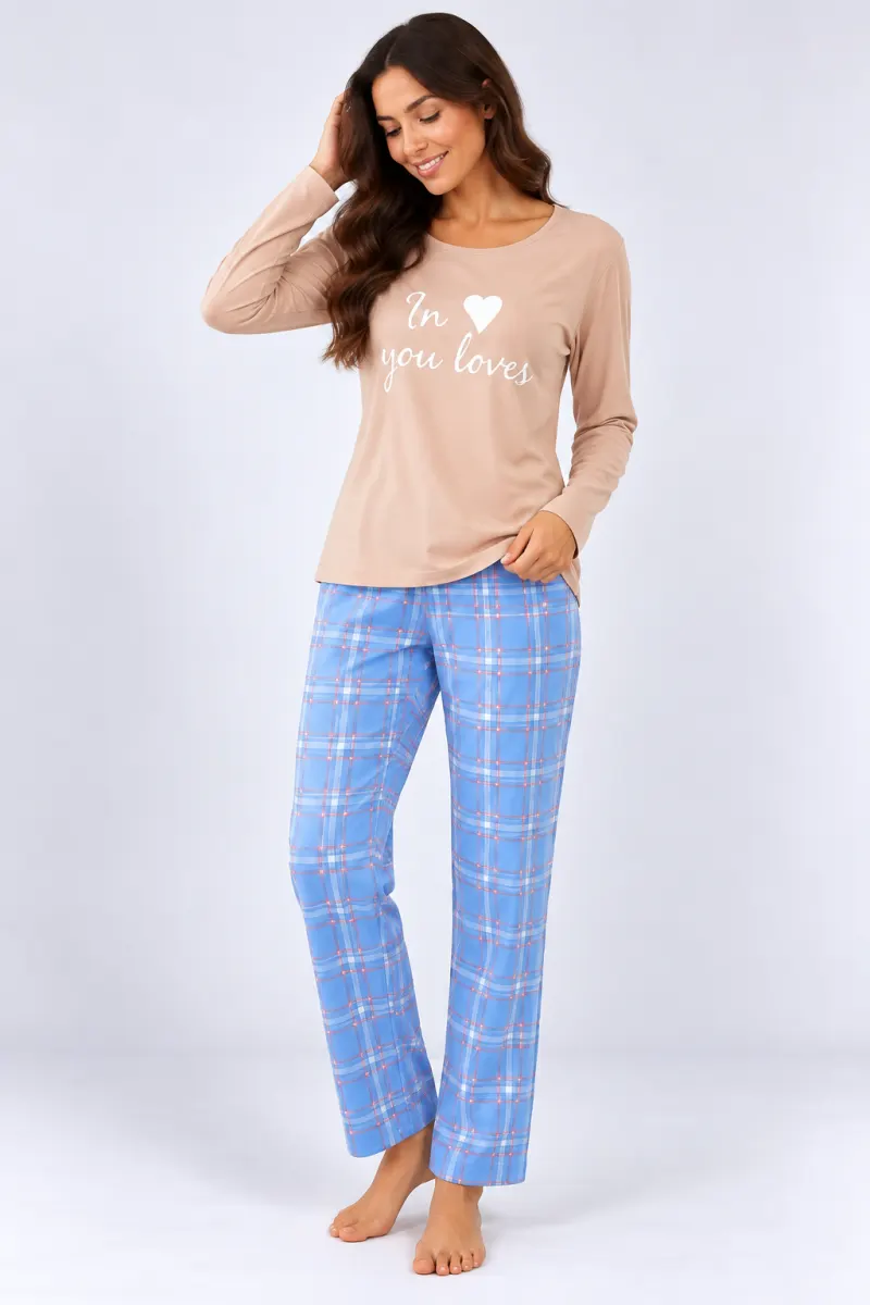 Pijama de dama cu bluza bej cu maneca lunga si pantaloni lungi blue cu carouri