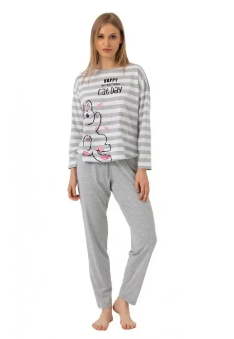 Pijamale damă cu imprimeu Cat Day, gri