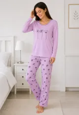 Pijama de dama lila cu maneca lunga si pantaloni lungi lila cu flori