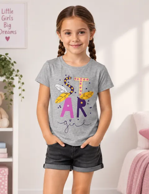 Tricou fetițe gri cu imprimeu colorat „STAR”