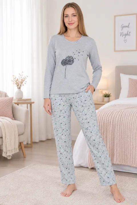 Pijama damă din bumbac mânecă lunga și pantaloni