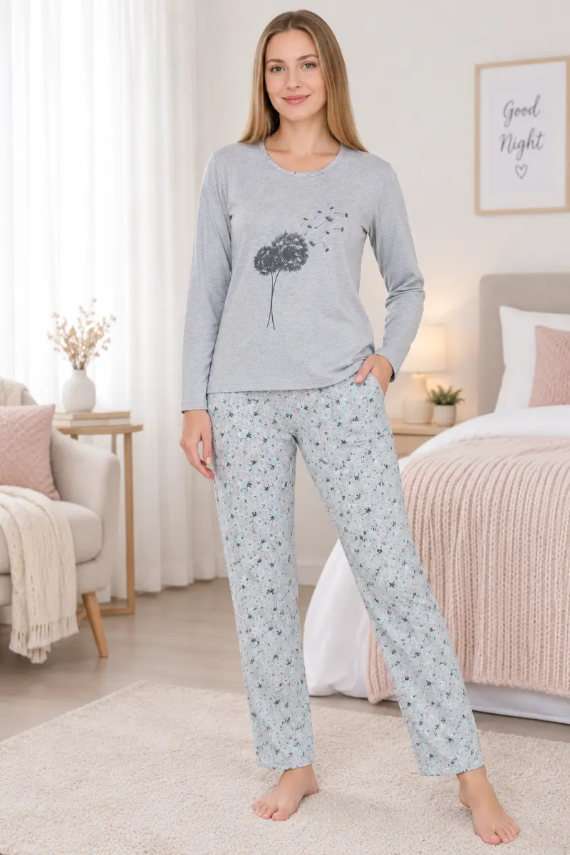 Pijama damă din bumbac mânecă lunga și pantaloni