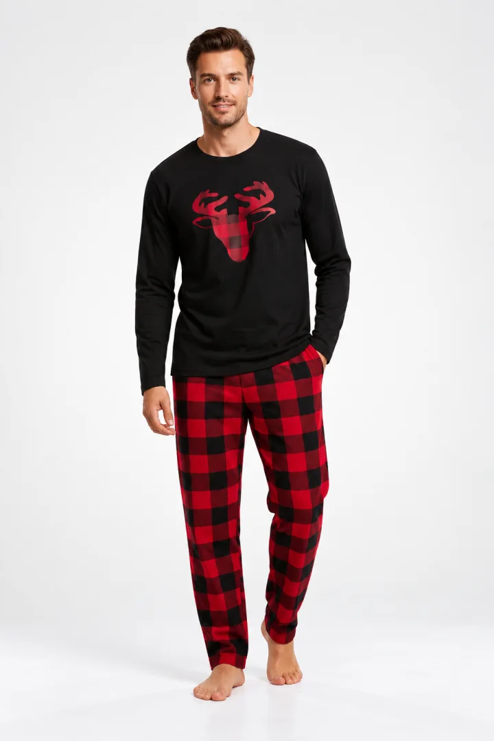 Pijama Bărbați din Polar – Bluză Neagră cu Pantaloni Roșii