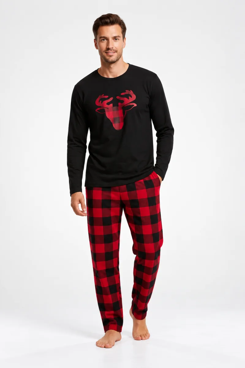 Pijama Bărbați din Polar – Bluză Neagră cu Pantaloni Roșii