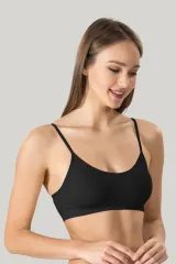 Bustieră damă Miss Fit elastică, cu bretele subțiri, bureți detașabili și design fără cusături, negru