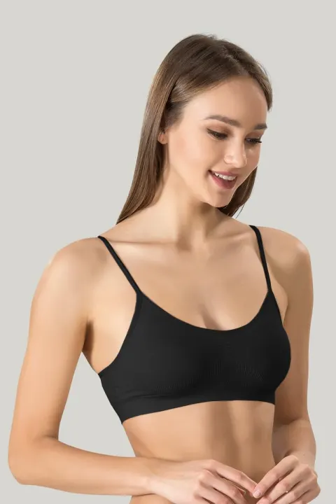 Bustieră damă Miss Fit elastică, cu bretele subțiri, bureți detașabili și design fără cusături, negru