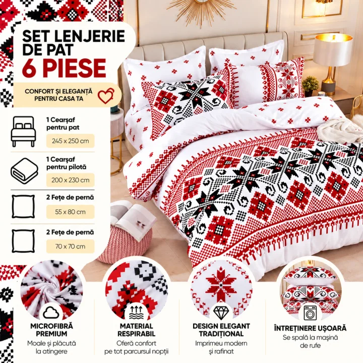 Set Lenjerie de Pat Dublu din Microfibră Premium, 6 Piese, Cearșaf 245x250 cm