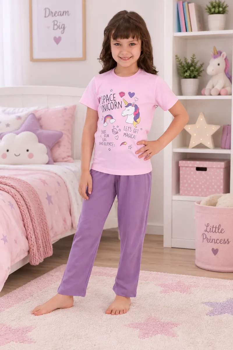 Pijama fetițe din bumbac cu tricou și pantaloni lungi – Space Unicorn, mov