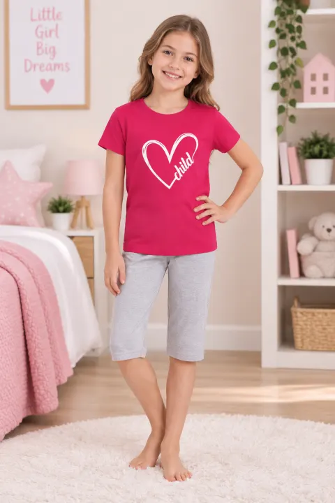 Pijama fetițe din bumbac – tricou și pantaloni 3/4, fucsia