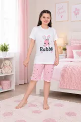Pijama fetițe din bumbac cu tricou și pantaloni 3/4 – imprimeu Rabbit, alb