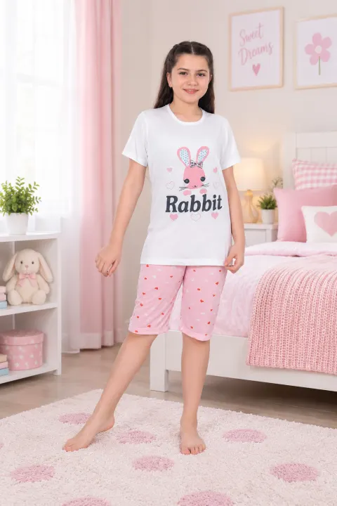 Pijama fetițe din bumbac cu tricou și pantaloni 3/4 – imprimeu Rabbit, alb