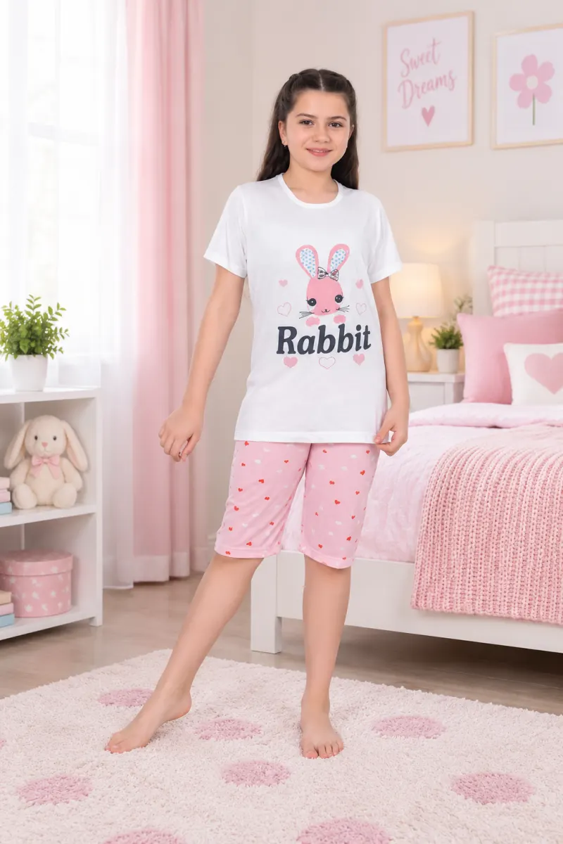 Pijama fetițe din bumbac cu tricou și pantaloni 3/4 – imprimeu Rabbit, alb