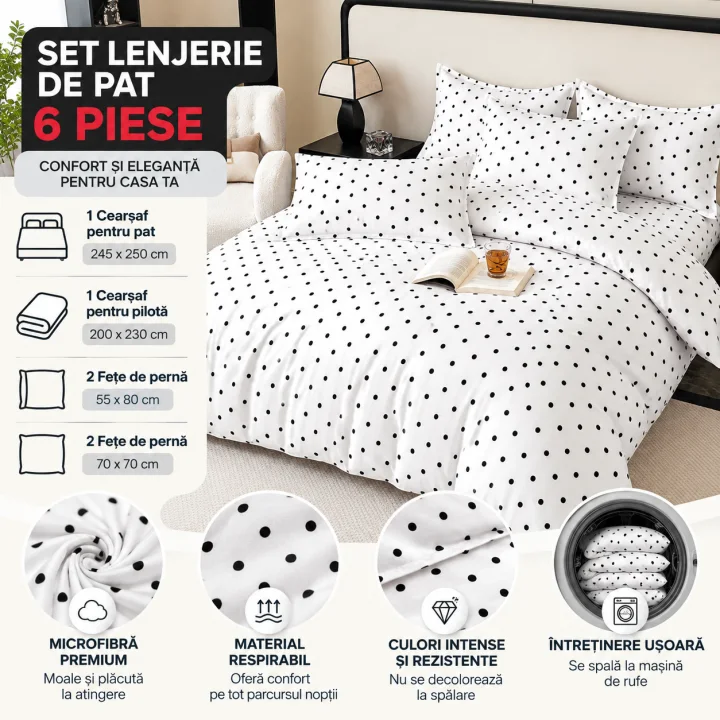 Set Lenjerie de Pat Dublu din Microfibră Premium, 6 Piese, Cearșaf 245x250 cm