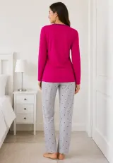 Pijama de dama fucsia cu maneca lunga si pantaloni lungi gri cu funfite