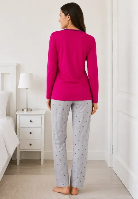 Pijama de dama fucsia cu maneca lunga si pantaloni lungi gri cu funfite