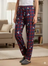 Pantaloni Pijamale Damă – Carouri Roșu cu Albastru Închis Pufos cu Ursuleți