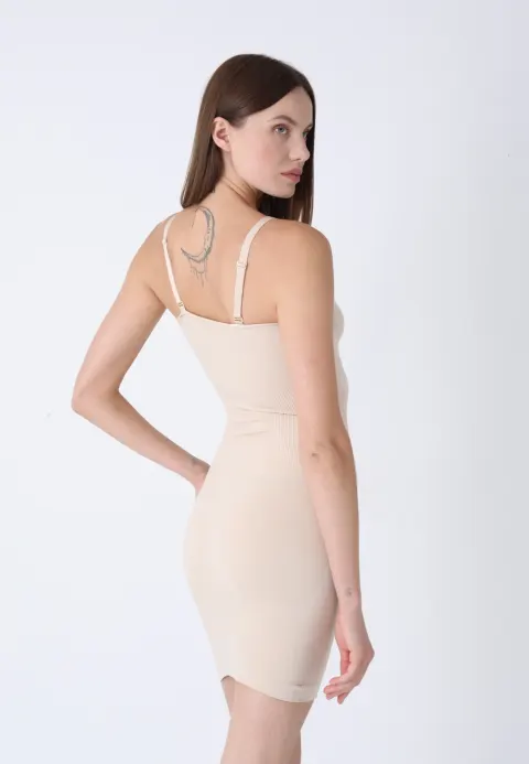 Rochie corset modelatoare fără cusături, cu bretele reglabile și bandă din silicon, bej