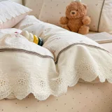 Lenjerie de Pat din 100% Bumbac cu Dantelă, 4 Piese, Cearșaf cu Elastic 180x200 cm