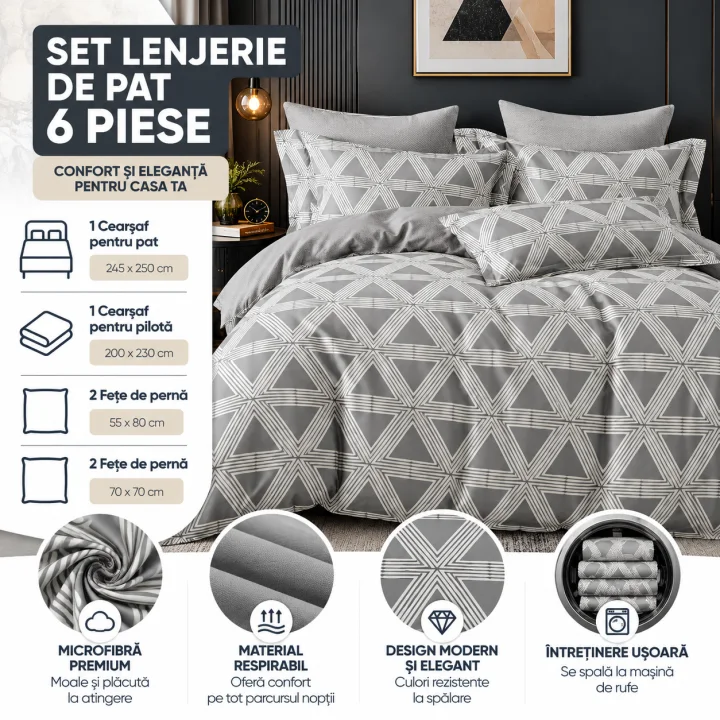 Set Lenjerie de Pat Dublu din Microfibră Premium, 6 Piese, Cearșaf 245x250 cm