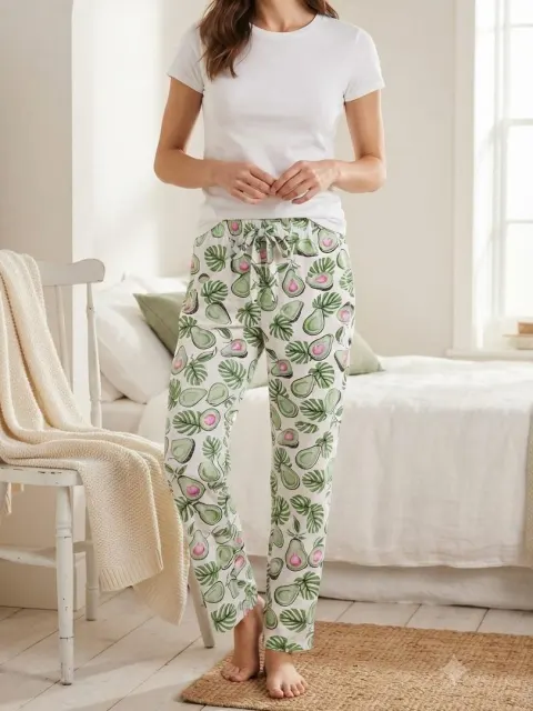 Pantaloni de pijama de dama alb cu frunze verzi