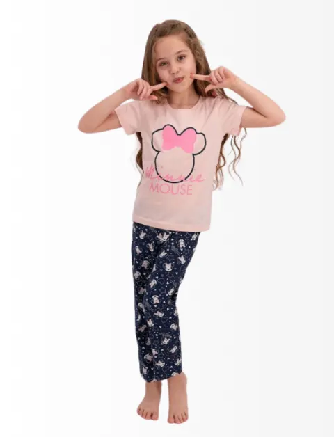 Pijama fetițe din bumbac cu tricou și pantaloni lungi – Minnie Mouse, somon