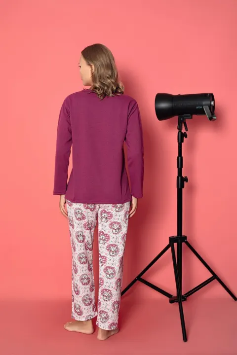 Pijama damă vătuită cu mânecă lungă și pantaloni, imprimeu Teddy
