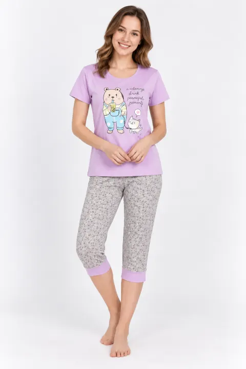 Pijama pentru Dama cu Imprimeu Ursuleț, pantaloni 3/4