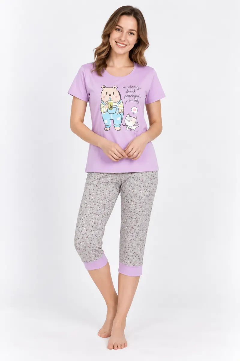 Pijama pentru Dama cu Imprimeu Ursuleț, pantaloni 3/4