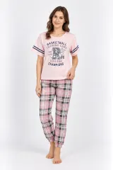 Pijama damă cu tricou și pantaloni lungi, culoare roz pudră