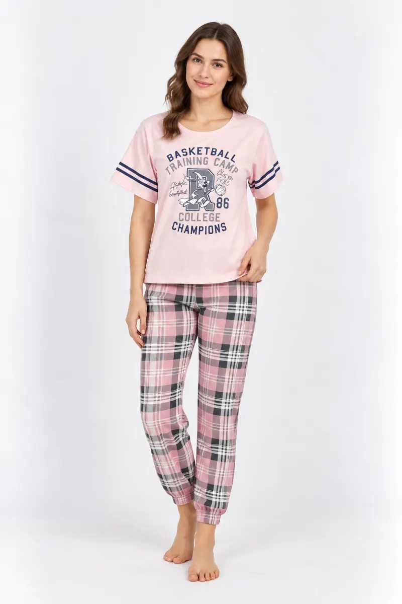 Pijama damă cu tricou și pantaloni lungi, culoare roz pudră