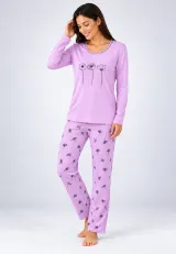 Pijama de dama lila cu maneca lunga si pantaloni lungi lila cu flori