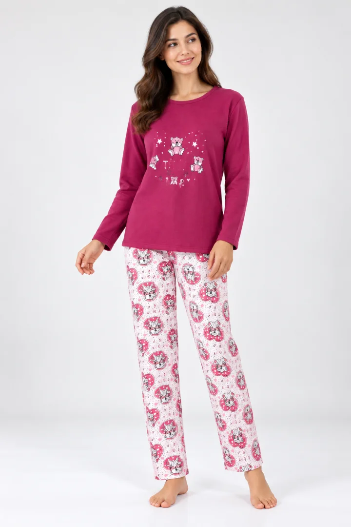 Pijama damă vătuită cu mânecă lungă și pantaloni, imprimeu Teddy