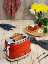 Prăjitor de Pâine Electric Retro, 850W, 2 Felii, 6 Trepte de Rumenire, Decongelare și Reîncălzire, Roșu