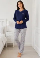 Pijama de dama blumarin cu maneca lunga si pantaloni lungi gri cu fundite