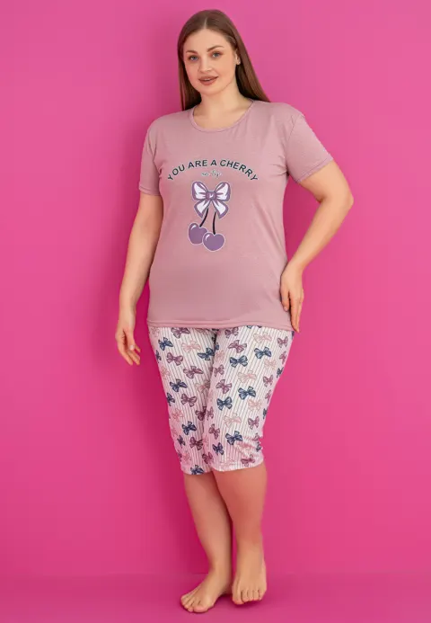 Pijama damă, tricou + pantaloni 3/4 imprimeu you are a cherry, mov