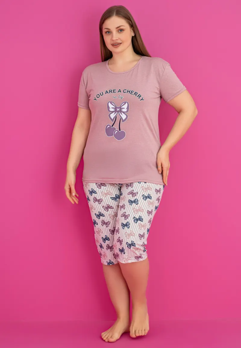 Pijama damă, tricou + pantaloni 3/4 imprimeu you are a cherry, mov