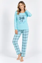 Pijama damă Big Size turcoaz cu fundiță și text „Happy Place”